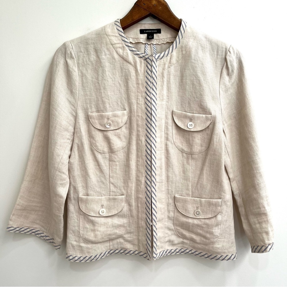 Lands End Cream/Tan Linen Blazer Blue White Striped Ticking Trim Pockets Size 8